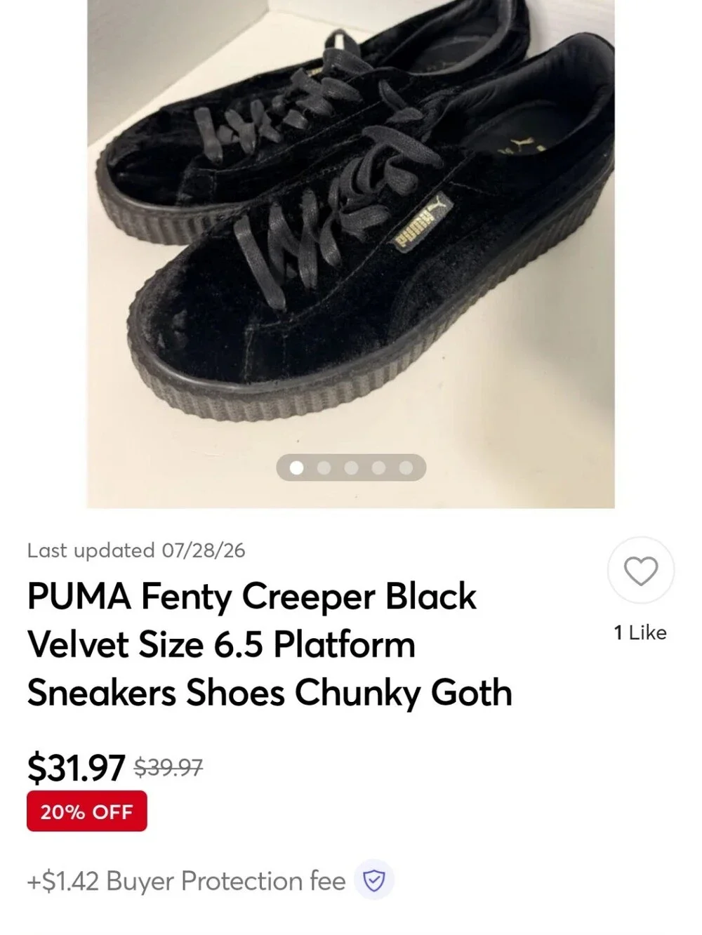 Puma X Fenty Creeper Velvet Platform 7.5 Sneaker Shoes Goth Grunge Fair Wear Fit